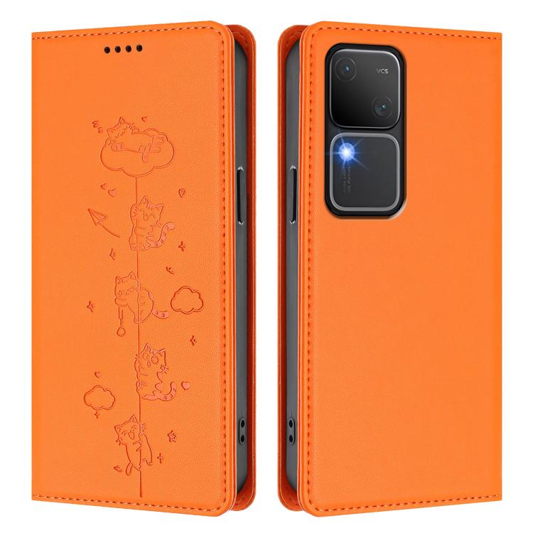 For vivo S18 / S18 Pro / V30 / V30 Pro 5G Cute Cats Embossed Magnetic RFID Vegan Leather Phone Case