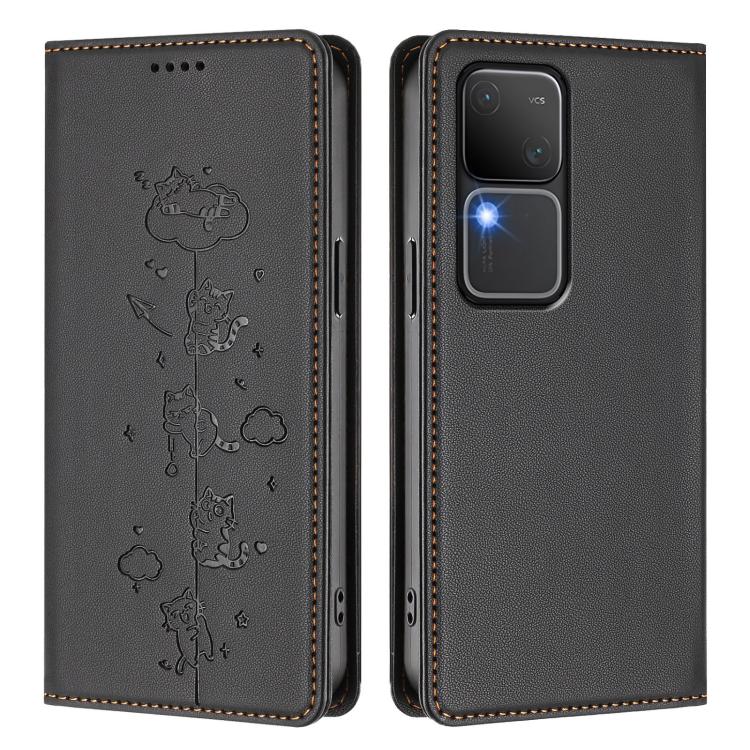 For vivo S18 / S18 Pro / V30 / V30 Pro 5G Cute Cats Embossed Magnetic RFID Vegan Leather Phone Case