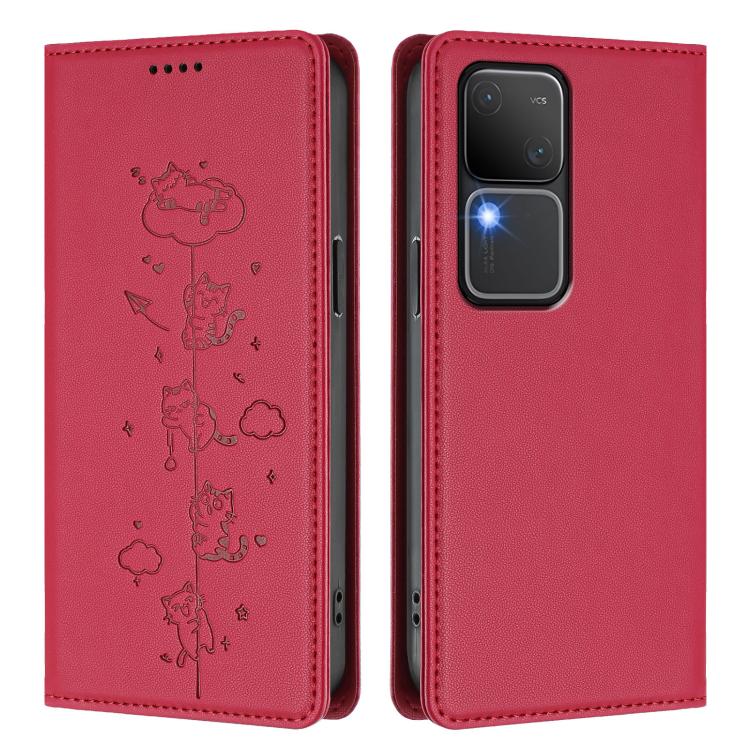 For vivo S18 / S18 Pro / V30 / V30 Pro 5G Cute Cats Embossed Magnetic RFID Vegan Leather Phone Case