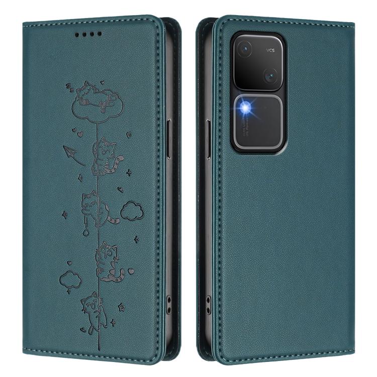 For vivo S18 / S18 Pro / V30 / V30 Pro 5G Cute Cats Embossed Magnetic RFID Vegan Leather Phone Case