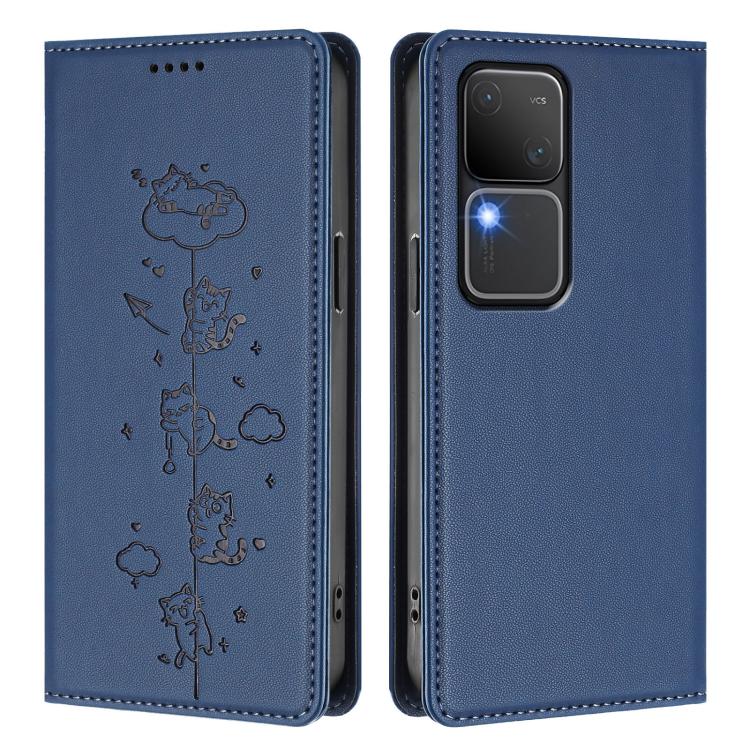 For vivo S18 / S18 Pro / V30 / V30 Pro 5G Cute Cats Embossed Magnetic RFID Vegan Leather Phone Case