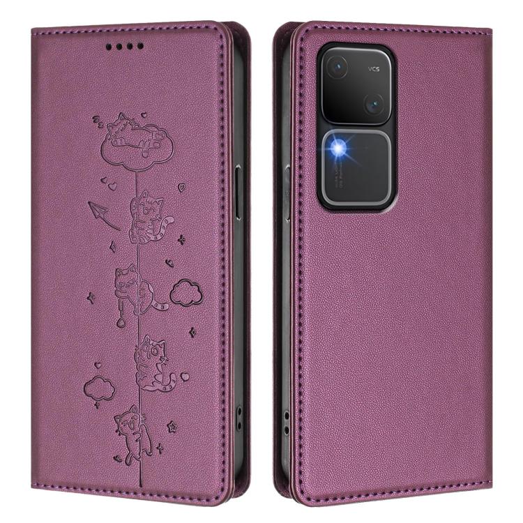 For vivo S18 / S18 Pro / V30 / V30 Pro 5G Cute Cats Embossed Magnetic RFID Vegan Leather Phone Case