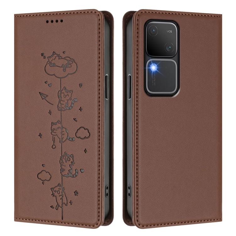 For vivo S18 / S18 Pro / V30 / V30 Pro 5G Cute Cats Embossed Magnetic RFID Vegan Leather Phone Case