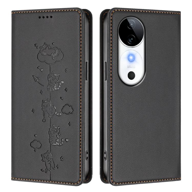 For vivo S19 Cute Cats Embossed Magnetic RFID Vegan Leather Phone Case
