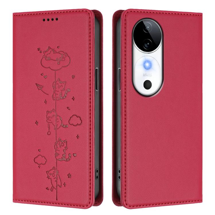 For vivo S19 Cute Cats Embossed Magnetic RFID Vegan Leather Phone Case