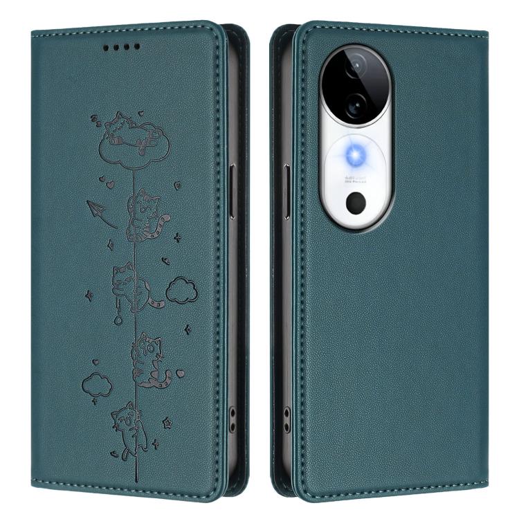 For vivo S19 Cute Cats Embossed Magnetic RFID Vegan Leather Phone Case