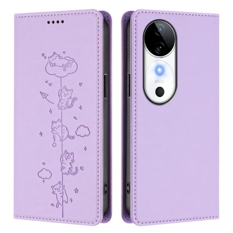For vivo S19 Cute Cats Embossed Magnetic RFID Vegan Leather Phone Case