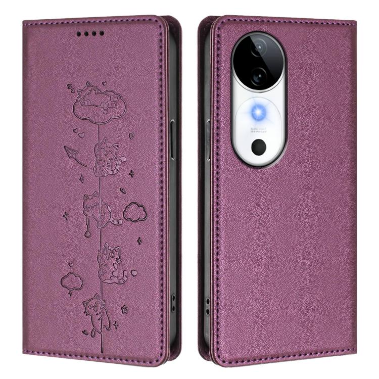 For vivo S19 Cute Cats Embossed Magnetic RFID Vegan Leather Phone Case