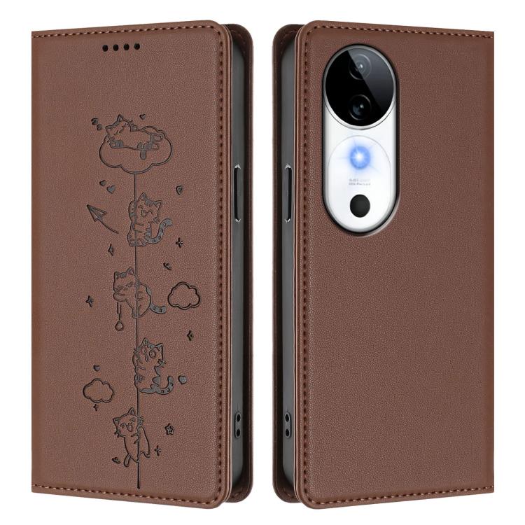 For vivo S19 Cute Cats Embossed Magnetic RFID Vegan Leather Phone Case