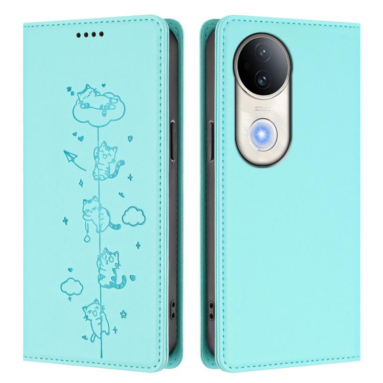 For vivo S20 5G Cute Cats Embossed Magnetic RFID Vegan Leather Phone Case