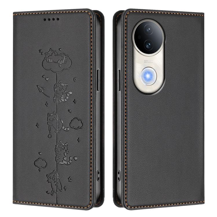 For vivo S20 5G Cute Cats Embossed Magnetic RFID Vegan Leather Phone Case