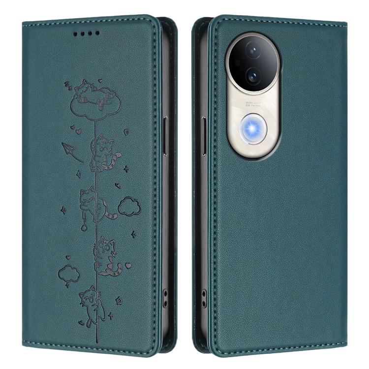 For vivo S20 5G Cute Cats Embossed Magnetic RFID Vegan Leather Phone Case
