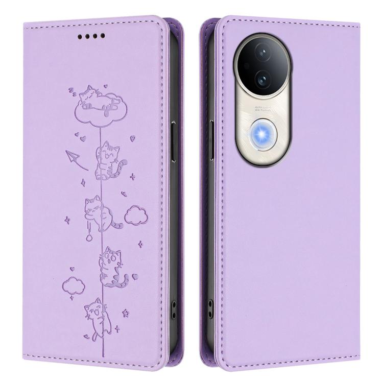 For vivo S20 5G Cute Cats Embossed Magnetic RFID Vegan Leather Phone Case