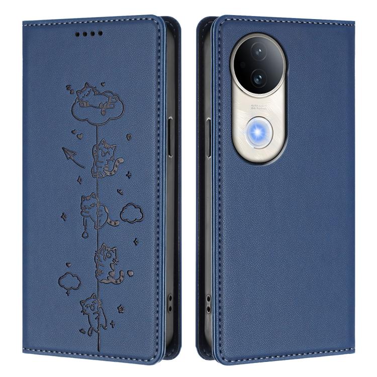 For vivo S20 5G Cute Cats Embossed Magnetic RFID Vegan Leather Phone Case