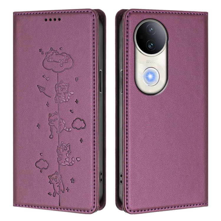 For vivo S20 5G Cute Cats Embossed Magnetic RFID Vegan Leather Phone Case
