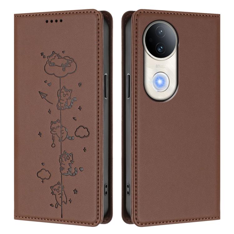 For vivo S20 5G Cute Cats Embossed Magnetic RFID Vegan Leather Phone Case