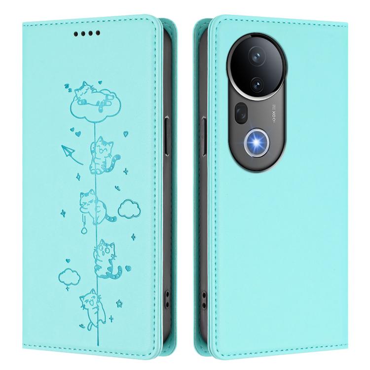 For vivo S20 Pro 5G Cute Cats Embossed Magnetic RFID Vegan Leather Phone Case