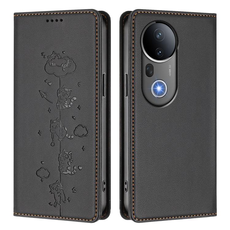 For vivo S20 Pro 5G Cute Cats Embossed Magnetic RFID Vegan Leather Phone Case