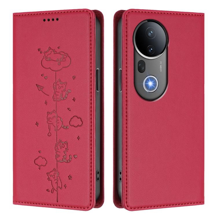 For vivo S20 Pro 5G Cute Cats Embossed Magnetic RFID Vegan Leather Phone Case