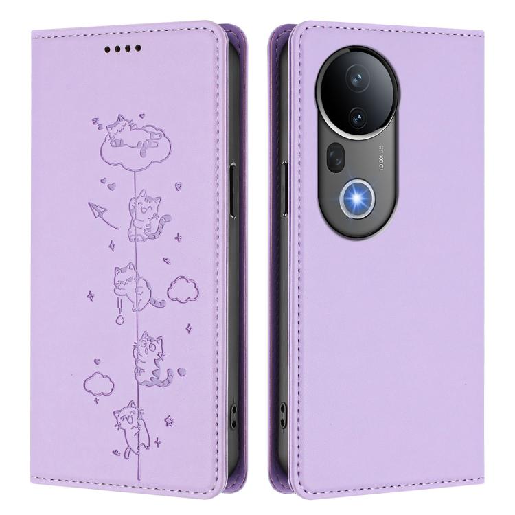 For vivo S20 Pro 5G Cute Cats Embossed Magnetic RFID Vegan Leather Phone Case