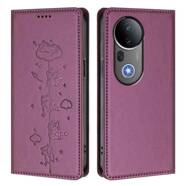 For vivo S20 Pro 5G Cute Cats Embossed Magnetic RFID Vegan Leather Phone Case