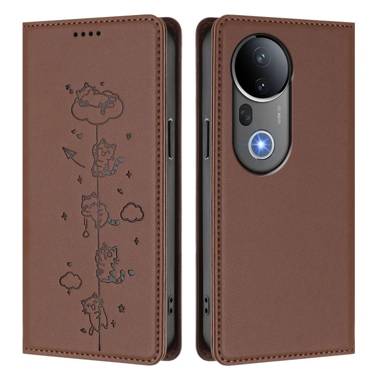 For vivo S20 Pro 5G Cute Cats Embossed Magnetic RFID Vegan Leather Phone Case