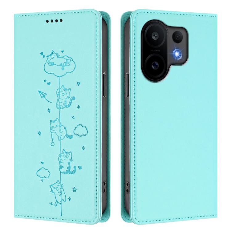 For vivo S30 Cute Cats Embossed Magnetic RFID Vegan Leather Phone Case