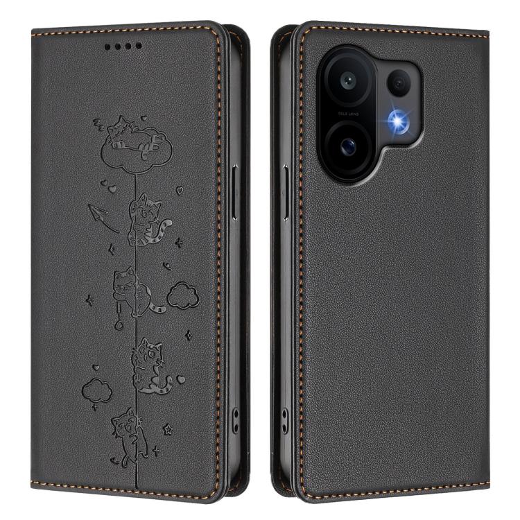 For vivo S30 Cute Cats Embossed Magnetic RFID Vegan Leather Phone Case