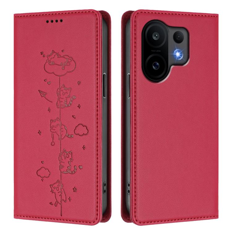 For vivo S30 Cute Cats Embossed Magnetic RFID Vegan Leather Phone Case