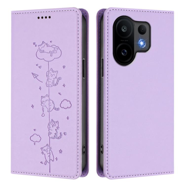 For vivo S30 Cute Cats Embossed Magnetic RFID Vegan Leather Phone Case
