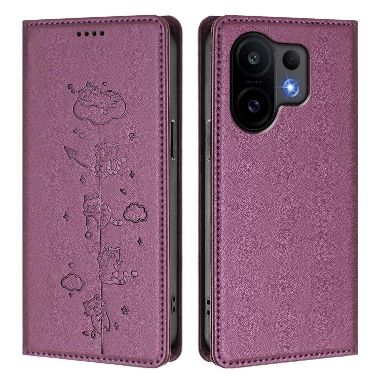 For vivo S30 Cute Cats Embossed Magnetic RFID Vegan Leather Phone Case