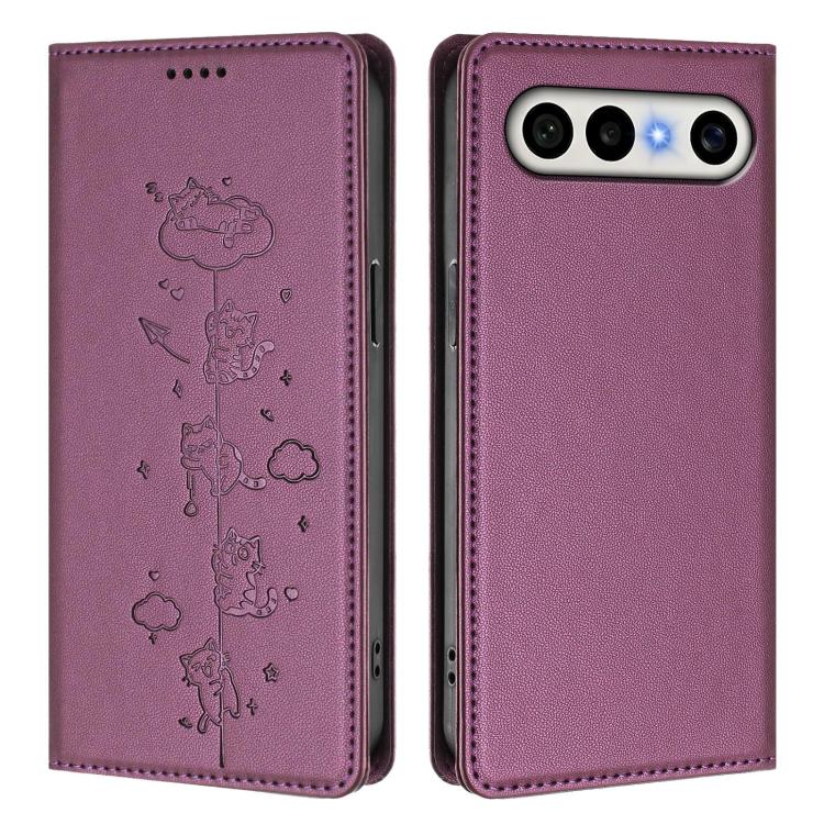 For vivo S50 Pro mini 5G Cute Cats Embossed Magnetic RFID Vegan Leather Phone Case
