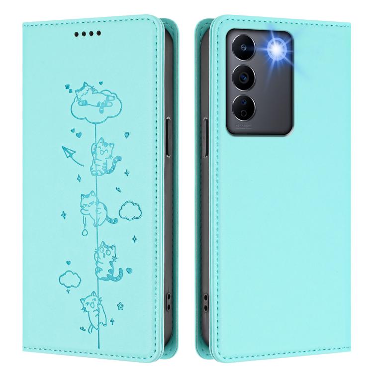 For vivo V27 / V27 Pro 5G Cute Cats Embossed Magnetic RFID Vegan Leather Phone Case