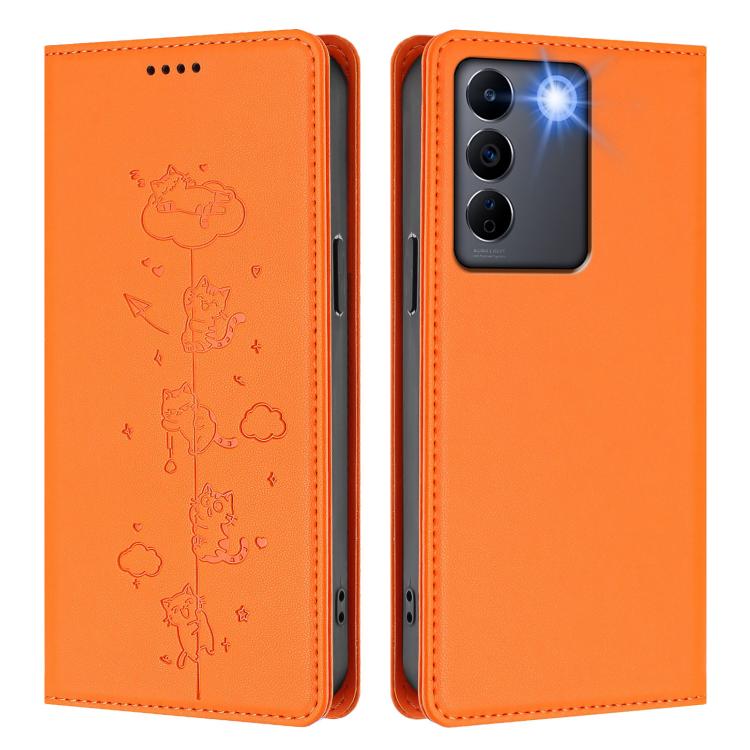 For vivo V27 / V27 Pro 5G Cute Cats Embossed Magnetic RFID Vegan Leather Phone Case
