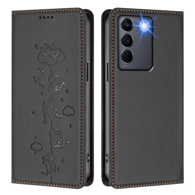 For vivo V27 / V27 Pro 5G Cute Cats Embossed Magnetic RFID Vegan Leather Phone Case