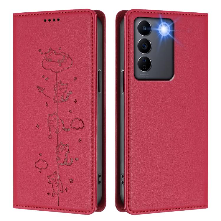 For vivo V27 / V27 Pro 5G Cute Cats Embossed Magnetic RFID Vegan Leather Phone Case