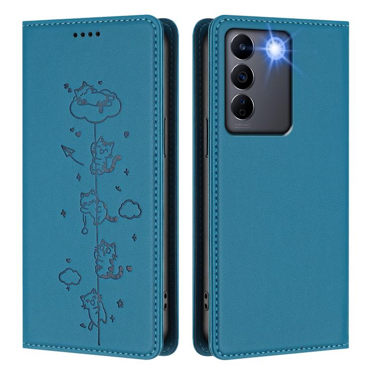 For vivo V27 / V27 Pro 5G Cute Cats Embossed Magnetic RFID Vegan Leather Phone Case