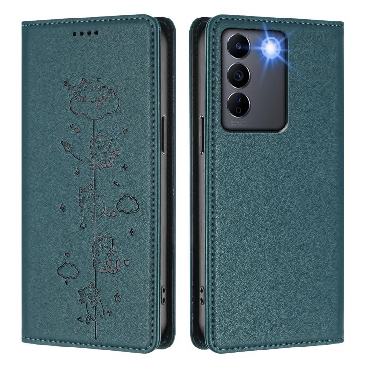 For vivo V27 / V27 Pro 5G Cute Cats Embossed Magnetic RFID Vegan Leather Phone Case