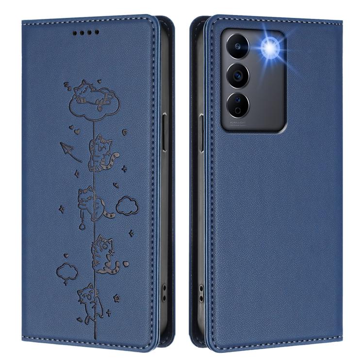 For vivo V27 / V27 Pro 5G Cute Cats Embossed Magnetic RFID Vegan Leather Phone Case