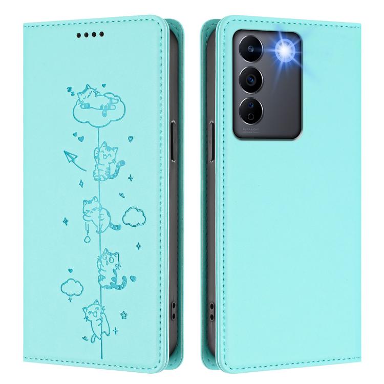 For vivo V27e / T2 4G Cute Cats Embossed Magnetic RFID Vegan Leather Phone Case