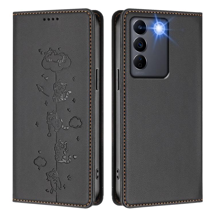 For vivo V27e / T2 4G Cute Cats Embossed Magnetic RFID Vegan Leather Phone Case