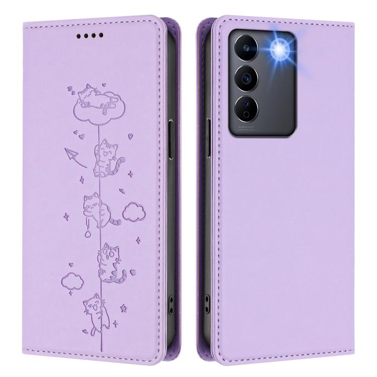 For vivo V27e / T2 4G Cute Cats Embossed Magnetic RFID Vegan Leather Phone Case