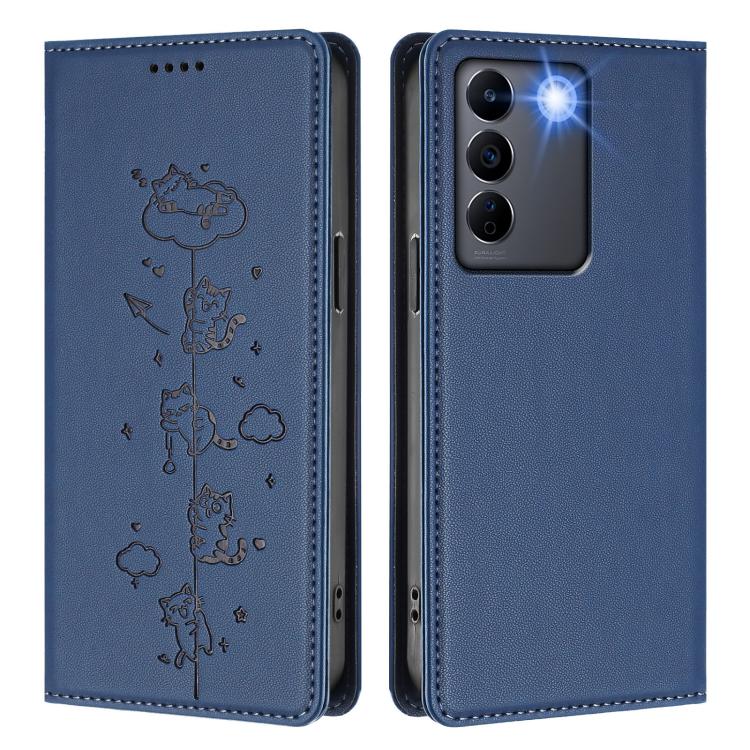 For vivo V27e / T2 4G Cute Cats Embossed Magnetic RFID Vegan Leather Phone Case