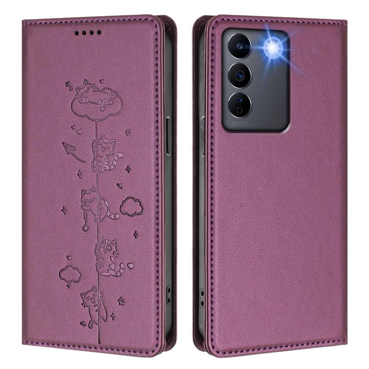 For vivo V27e / T2 4G Cute Cats Embossed Magnetic RFID Vegan Leather Phone Case