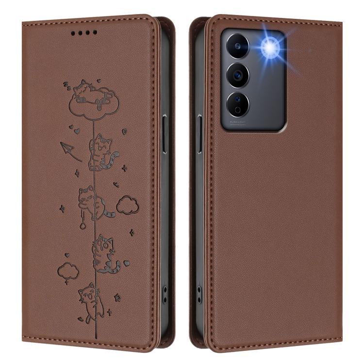 For vivo V27e / T2 4G Cute Cats Embossed Magnetic RFID Vegan Leather Phone Case