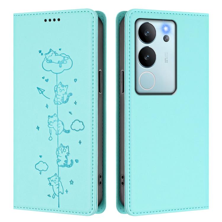 For vivo V29e / Y200 / V30 Lite 5G Cute Cats Embossed Magnetic RFID Vegan Leather Phone Case