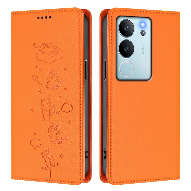 For vivo V29e / Y200 / V30 Lite 5G Cute Cats Embossed Magnetic RFID Vegan Leather Phone Case