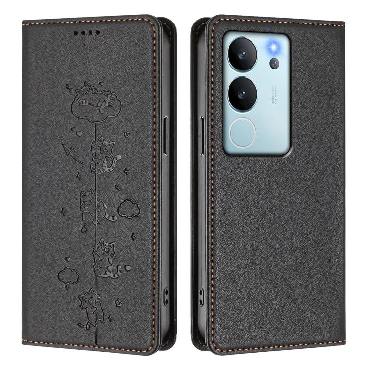 For vivo V29e / Y200 / V30 Lite 5G Cute Cats Embossed Magnetic RFID Vegan Leather Phone Case
