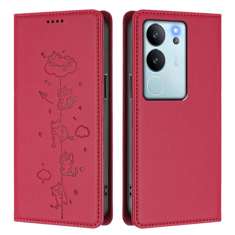 For vivo V29e / Y200 / V30 Lite 5G Cute Cats Embossed Magnetic RFID Vegan Leather Phone Case