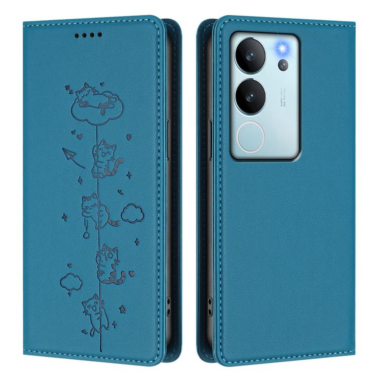 For vivo V29e / Y200 / V30 Lite 5G Cute Cats Embossed Magnetic RFID Vegan Leather Phone Case